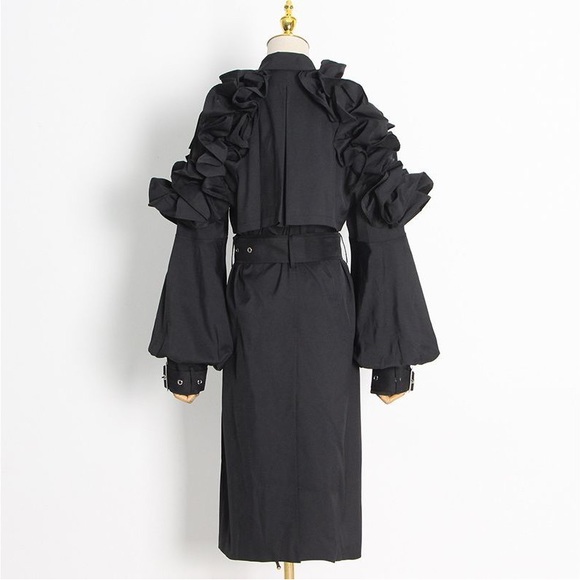 LAST ONE!! Ruffle Trim Statement Trench Coat Black - Picture 9 of 9